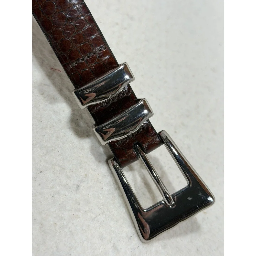 Torino Calfskin Croc Embossed Belt Brown Leather Dress Italian Quiet Luxury 46